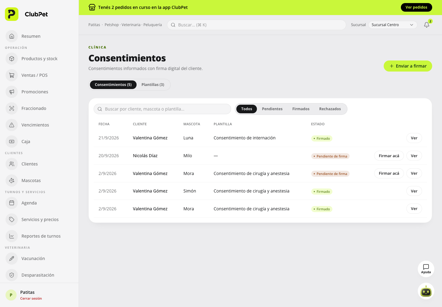 Consentimientos en ClubPet Negocios, con datos ilustrativos