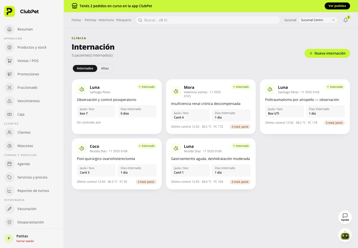 Internación en ClubPet Negocios, con datos ilustrativos