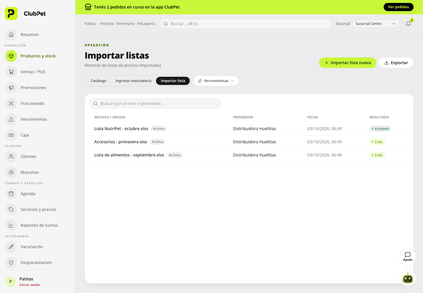 Importar listas en ClubPet Negocios, con datos ilustrativos