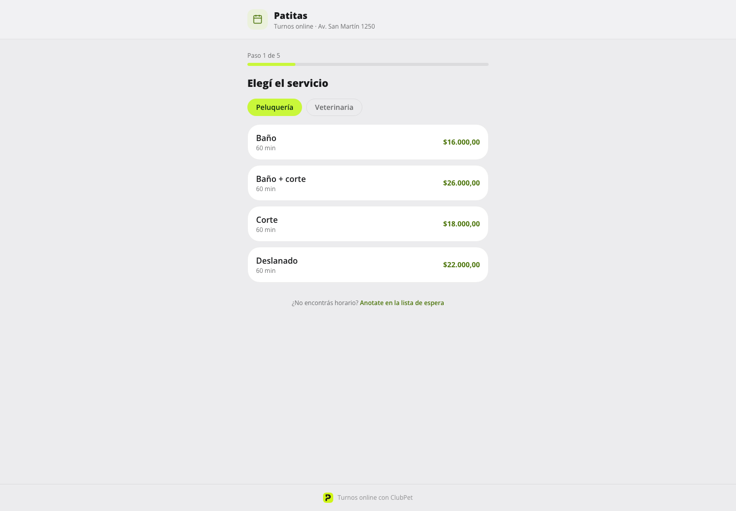 Reservas online para clientes en ClubPet Negocios, con datos ilustrativos