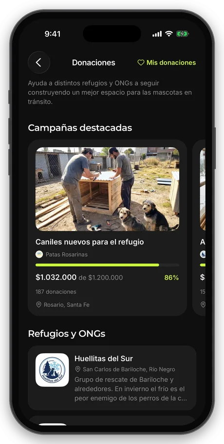 Pantalla de donaciones con campañas destacadas