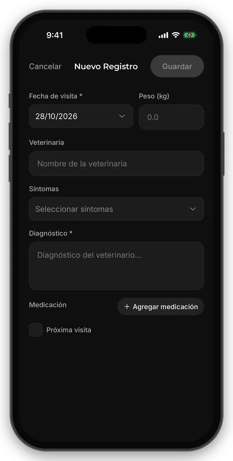Nuevo registro de visita al veterinario