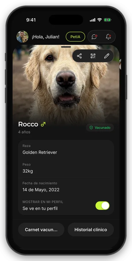 Perfil de mascota con carnet e historial
